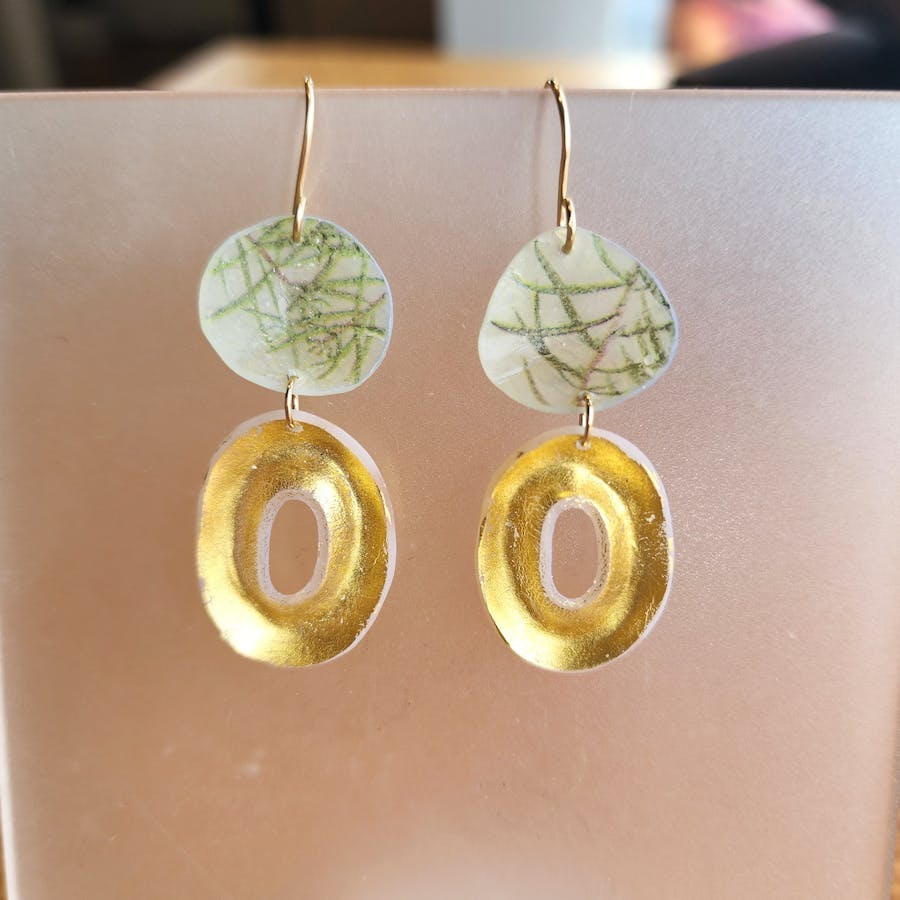23.0103 Gold Oval with Spruce Earrings