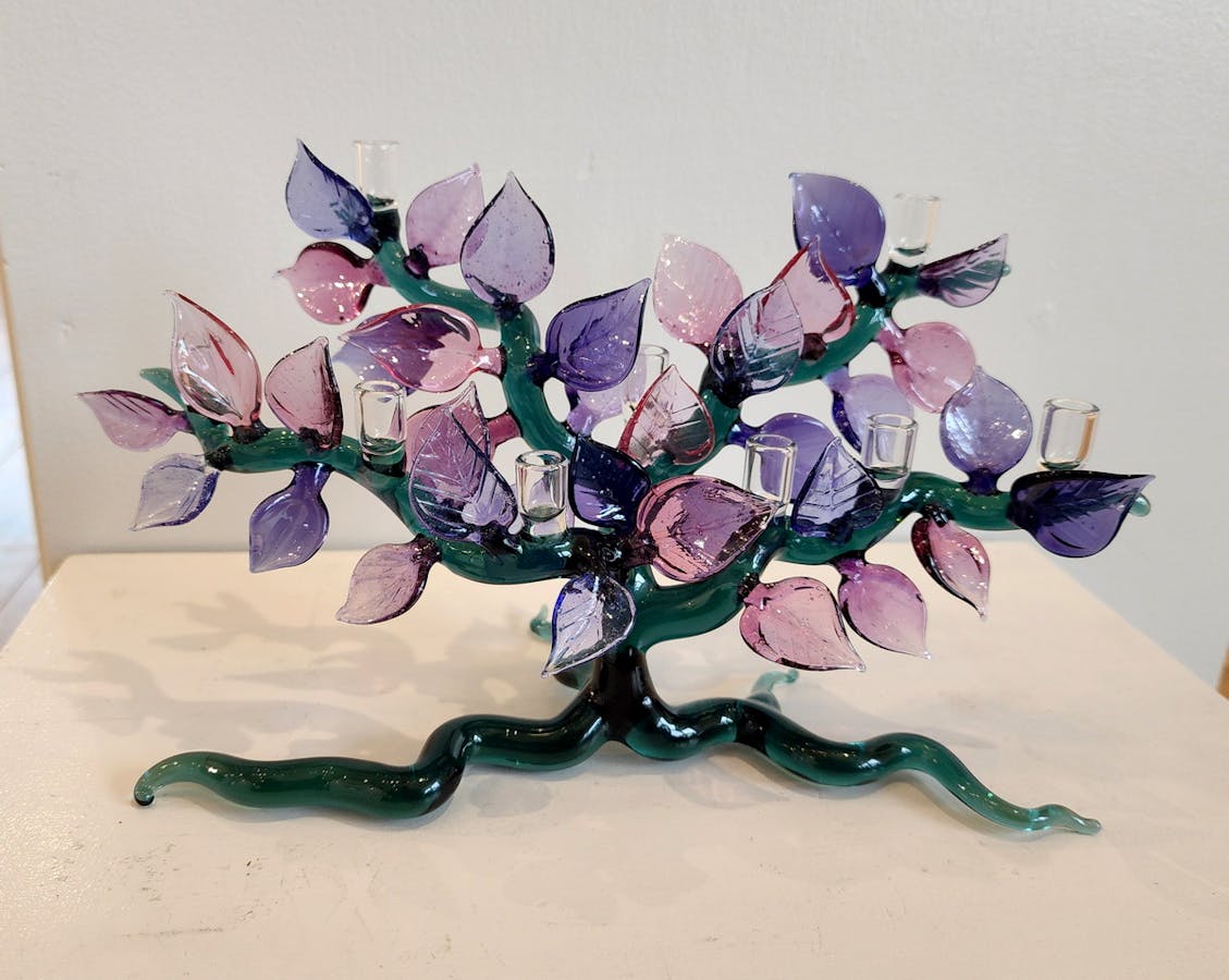 Wide Tree of Life Menorah (Teal and lavender) by Salusa Glassworks Salusa